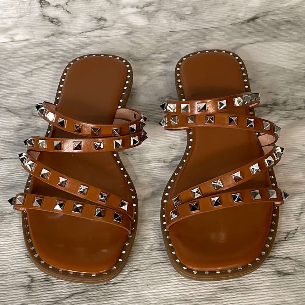 Slip on, studded, flat sandals